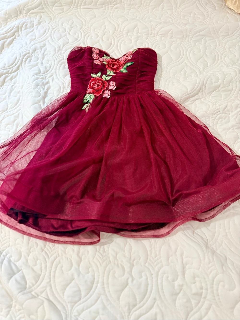 B Darlin Burgundy Strapless Tulle Dress with Floral Appliqué